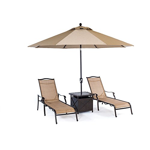 Hanover MONCHS4PC-SU Monaco 4 Piece Chaise Lounge Set with 11 Umbrella and Side Table Outdoor Furniture TanBronze
