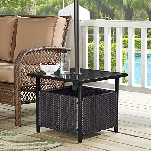 Jur_Global Patio PE Wicker Umbrella Side Table Stand Outdoor Bistro Table with Umbrella Hole