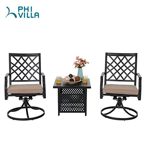 PHI VILLA Swivel Chair Set of 2 Patio Outdoor Metal Furniture Set 3 Pieces 1 Outdoor Umbrella Side Square Table with 2 Swivel Chair for Garden Yard