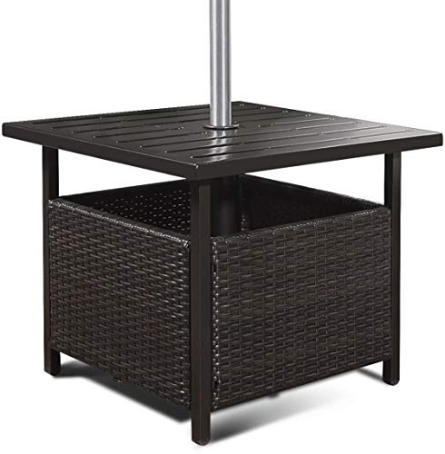 ReunionG Patio Umbrella Side Table Rattan Wicker Stand Table with Umbrella Hole Steel for Outdoor Deck Garden Pool