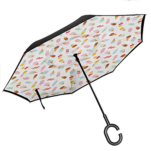 homecoco Reverse Umbrella Rain Ice CreamCartoon Doodle Style Creamy Delicious Diary Desserts with Various Sweet Flavors Multicolor Umbrellas Stand Inside