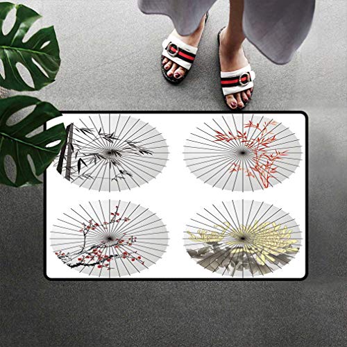 Bohogifts Oriental Doormats Umbrella Shapes with Cherry Blossom Bamboo Patterns Parasol Artwork Low Profile Door Mats Rugs for Indoor Entry Easy Clean 16 W x 24L Multicolor