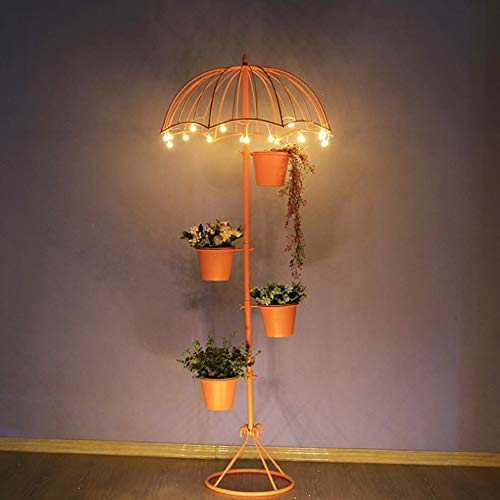 Creative 4 Potted Plant Stand Iron Frame Umbrella Shape Plant Holder with Warm Light Plant Flower Display Shelf for Living Room Bedroom Patio and Lawn