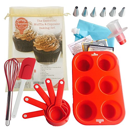 Complete Cupcake Muffin Essential Silicone Baking Decorating Set Tools in Red with Recipe Cards for Adults and Children - Great for Kids or Beginner Home Bakers - 17 Pieces