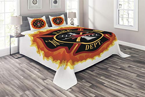Lunarable Fireman Coverlet Set Queen Size Fire Department with Ladder Public Service Essential Tools of Firefighters 3 Piece Decorative Quilted Bedspread Set with 2 Pillow Shams Soft Orange
