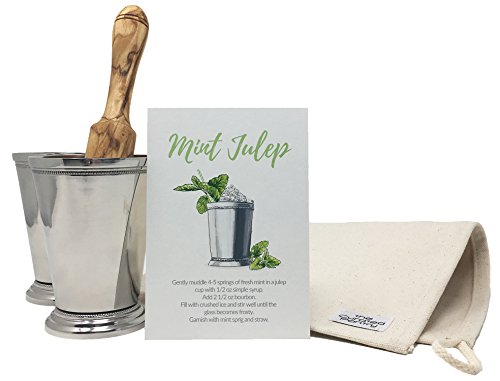 Mint Julep Cocktail Essential Tool Kit - 2 12oz Cups Lewis Bag MuddlerMallet and Recipe Card 5 items