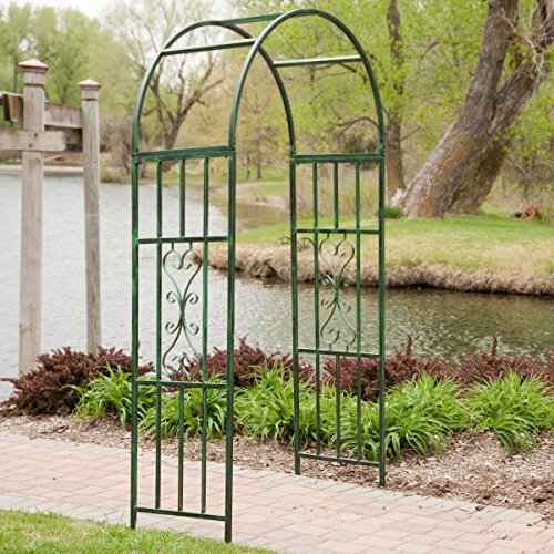 Steel Outdoor Garden Arbor 7-ft In Powder Coated Black Verdigris Finish With Intricate Scrollwork Design -