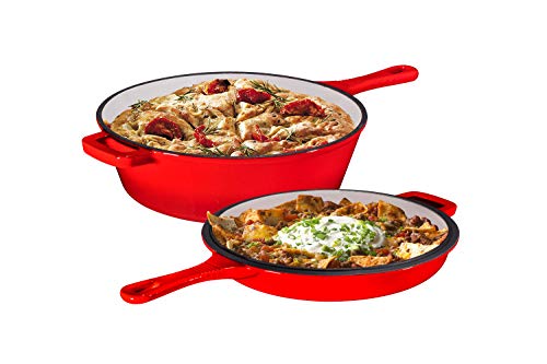 Enameled 2-In-1 Cast Iron Multi-Cooker By Bruntmor - Heavy Duty 3 Quart Skillet and Lid Set Versatile Healthy Design Non-Stick Kitchen Cookware Use As Dutch Oven Frying Pan