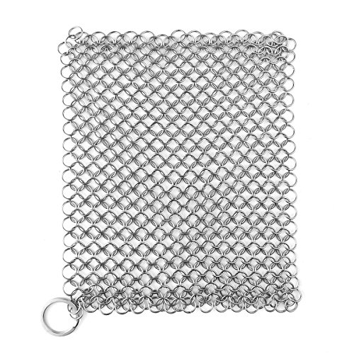 Powstro Cast Iron Cleaner Stainless Steel Chainmail Scrubber Skillet Cleaner with Ring 7 Inch Square-7Inch