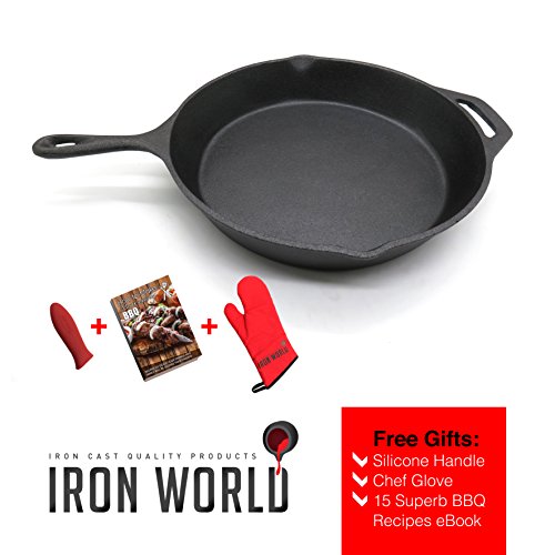 Iron World Cast Iron Skillet Pan - 12 Inch Pre Seasoned Round Frying Pan With Silicone Handle Holder for Grill Stove And Oven Great for Meat Fish Chicken Steak Frittata Tortilla Egg and Crepe