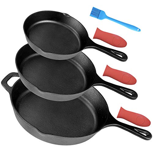Pre-Seasoned Cast Iron Skillet Set of 3  6 8 10 Cast Iron Frying Pans with 3 Heat-Resistant Holders Oil Brush - Indoor and Outdoor Use - Oven Grill Stovetop Induction Safe Cookware