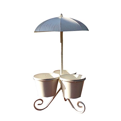 Newly Designed Decorative Creamy Antique White Iron Pot Stand or Planter Holder with Umbrella and 3 Pot Holders