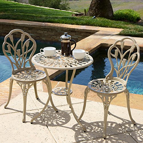 Nassau Sand Bistro Set With Its Sturdy Cast Aluminum And Coated Cast Iron Frame And Intricate Tulip Design