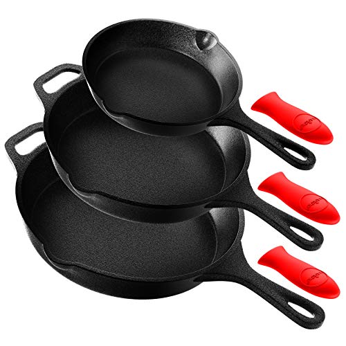 Nutrichef NCCIPS3P49 Pre-Seasoned Cast Iron Skillet 3 Pieces Kitchen Frying Pan Nonstick Cookware Set wDrip Spout Silicone Handle S M L Black