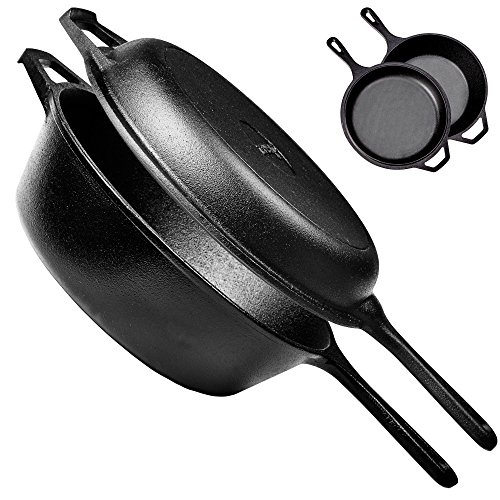 Pre-Seasoned Cast Iron 2-In-1 Multi Cooker - 3-Quart Dutch Oven and Skillet Lid Set Oven Safe Cookware - Use As Dutch Oven and Frying Pan - Indoor and Outdoor Use - Grill Stovetop Induction Safe