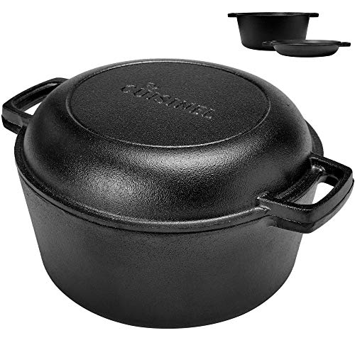 Pre-Seasoned Cast Iron Skillet and Double Dutch Oven Set - 2 In 1 Cooker 5 Quart Deep Pan 10-Inch Frying Pan Converts to Lid for Dutch Oven - Grill Stove Top and Induction Safe