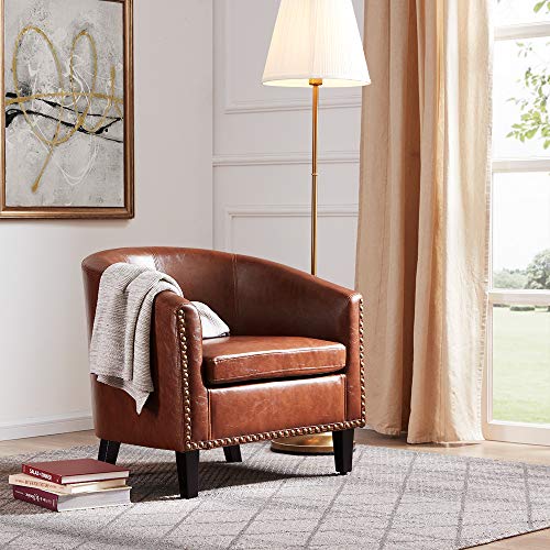 BELLEZE Modern Upholstered Arm Club Chair Faux Leather with Nailhead Tub Barrel Style Brown