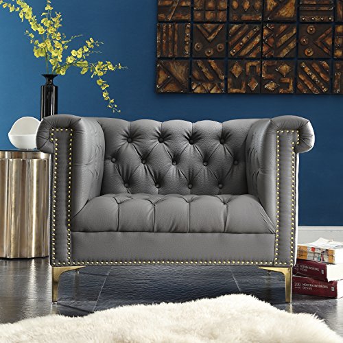 Iconic Home Winston Modern Tufted Gold Nail Head Trim Grey PU Leather Club Chair with Gold Tone Metal Y-Legs