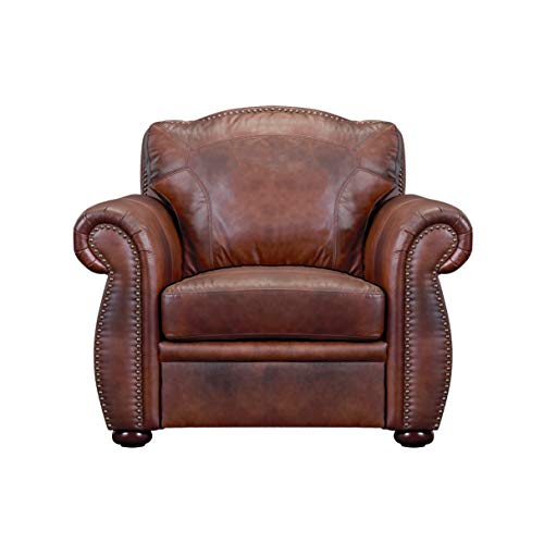 Top Grain Italian Leather Club Chair Brown Solid Rustic Southwestern Traditional Pattern Nailheads Padded Seat Removable Cushions