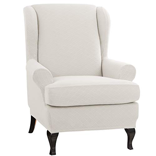 CHUN YI 2-Piece Rhombus Jacquard Wing Chair CoverUniversal Wing Back Wingback Armchair Covers Chair with Arms Slipcovers Furniture Protector Cream White