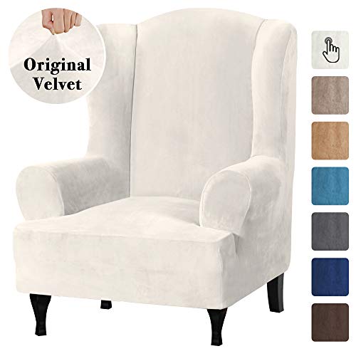 Flamingo P Stretch Wing Chair Cover Velvet Plush Slipcovers for Wingback Chairs Wingback Chair Cover 1 Piece with Elastic Bottom Velvet Plush Fabric Stretching Skid Resistant - Ivory