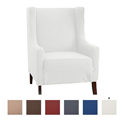 Great Bay Home Stretch Wingback Chair Slipcover Form Fit Slip Resistant Strapless Slipcover Knitted Jacquard Stretch Wingback Chair Slipcover Harlowe Collection Wingtip Chair Cream