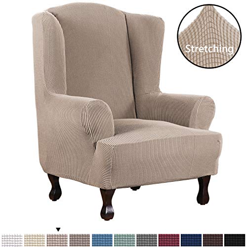 HVERSAILTEX 1 Piece Super Stretch Stylish Furniture CoverWingback Chair Cover Slipcover Spandex Jacquard Checked Pattern Super Soft Slipcover Machine WashableSkid Resistance Wing Chair Sand
