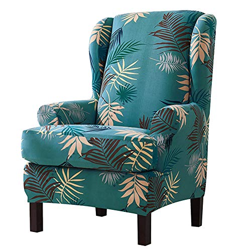 Sellmore2015 Wingback Chair Slipcovers 2PcsSet Stretchy Wing Armchair Covers Leaves Printed Detachable Universal Chair Slipcover Sofa Covers Furniture Protector Machine Washable Green Wingchair