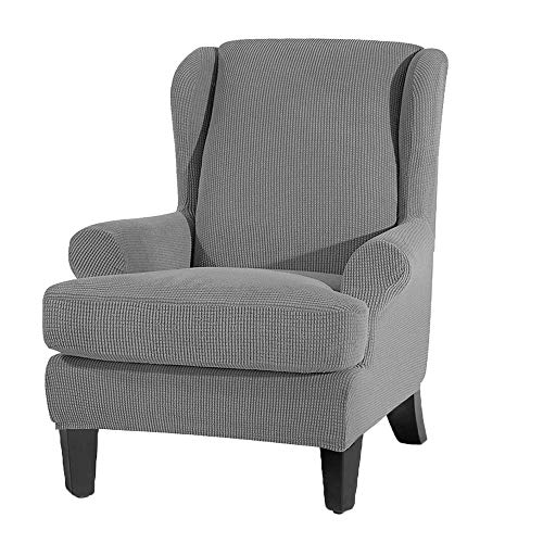WarmCare 2-Piece Premium Stretch Jacquard Spandex Fabric Armchair Chair Slipcovers Sofa Covers Wingback Armchair Chair Slipcovers Skid Resistance Machine Washable for Wing Chair Grey