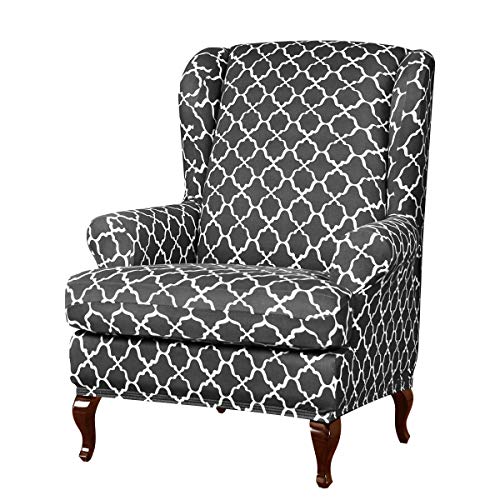 subrtex Wingback Chair Slipcover Covers for Sofa Chair Armchair Sofa with Arm Covers 2 Piece Spandex Elastic Slip Cover Floral Pattern for Furniture Protector in Living Room Gray