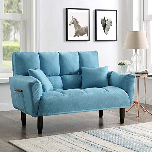 EiioX Convertible Sofa Bed with Pillows Upholstered Tufted Settee Bedroom Bench Fold Up Down Comfortable Foam Chair Full Size Sleeper Couch for Living Room Back with Support Legs Blue Color