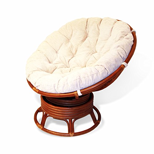 Rattan Wicker Swivel Rocking Round Papasan Chair With Cushion Colonial light Brown