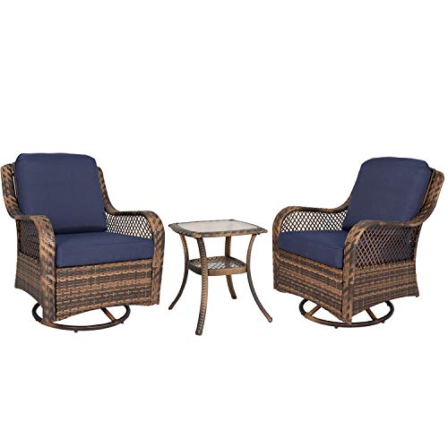 Ulax Furniture 3-Piece Patio Rocking Swivel Wicker Chair Outdoor Conversation Bistro Set 2 Cushioned Swivel Glider Chair with Side Table Navy