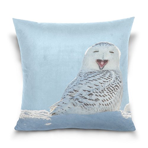 ALAZA Double Sided Winter Snow White Owl Funny Face Cotton Velvet Square Pillow Slipcovers 20x20 Inch Decorative for Chair Auto Seat
