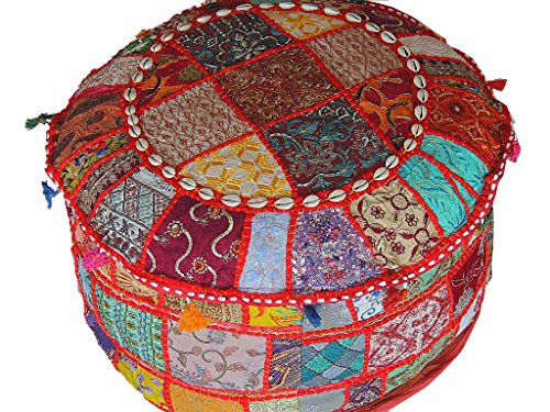 DIYANA IMPEX Patch Work Ottoman Cover Bohemian Traditional Vintage Indian Pouf Floor Foot Stool Christmas Decorative Chair Cover 100 Cotton Art Decor Cushion Indian Pouf Living Room Foot Stool RED
