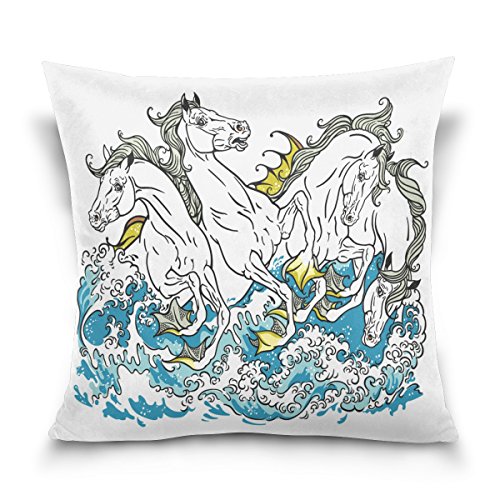 alaza Double Sided Colorful Four Mythological Sea Horses Cotton Velvet Square Pillow Slipcovers 20x20 Inch Decorative for Chair Auto Seat