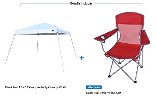 Ozark Trail 12x12 Quick Set Up and Take Down Slant Leg Instant CanopyGazebo Shelter with 4 Comfortable Chairs Value Bundle