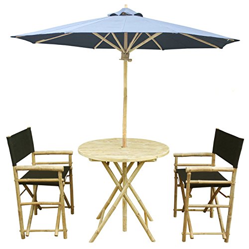 Zew 4-piece Bamboo Outdoor Bistro Patio Set With Round Table 2 Comfortable Canvas Chairs And Umbrella Black