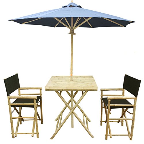 Zew 4-piece Bamboo Outdoor Bistro Patio Set With Square Table 2 Comfortable Canvas Chairs And Umbrella Black