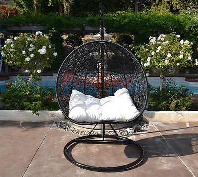 Egg Nest Shaped Wicker Rattan Swing Chair Hanging Hammock 2 Persons Seater - Black  Khaki