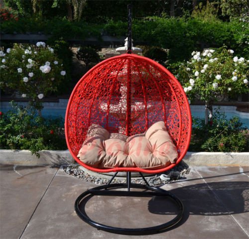 Egg Nest Shaped Wicker Rattan Swing Chair Hanging Hammock 2 Persons Seater - Red  Dark Khaki
