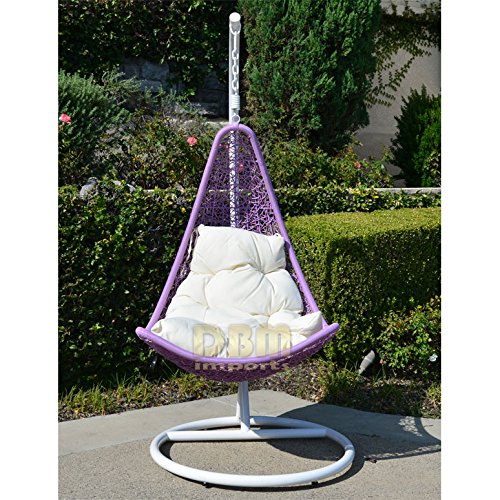 Egg Shape Wicker Rattan Swing Lounge Chair Weaved Hanging Hammock In Or Out Door Patio Porch - White Lavender