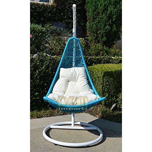 Egg Shape Wicker Rattan Swing Lounge Chair Weaved Hanging Hammock In Or Out Door Patio Porch - White Turquoise