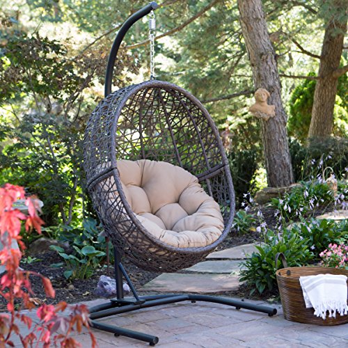 Resin Wicker Espresso Hanging Egg Chair with Tufted Khaki Cushion and Stand