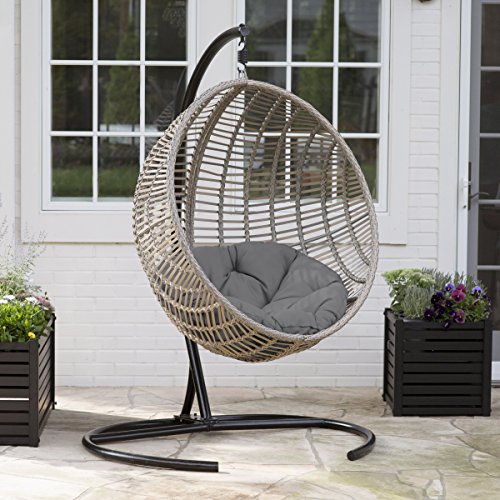 Resin Wicker Kambree Rib Breezy Driftwood Finish Hanging Egg Chair with Cushion and Stand