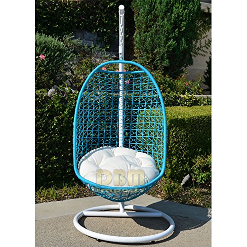Wicker Rattan Swing Bed Chair Weaved Egg Shape Hanging Hammock In Or Out Door Patio Porch - White Turquoise Khaki