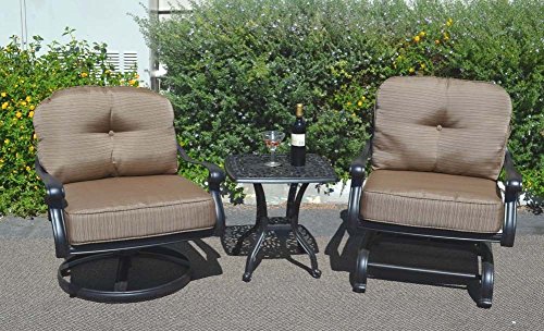 3 Piece Bistro Set Outdoor Elisabeth Club Rocker - Spring Base Swivel Chairs And 1 End Table Cast Aluminum Furniture