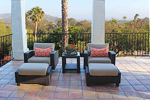 Duxbury 5 Piece All Weather Wicker Swivel Club Chair Set Half Round Brown Wicker with 5 Thick Sunbrella Cushions Measures 35w X 366d X 29h Sunbrella Heather Beige