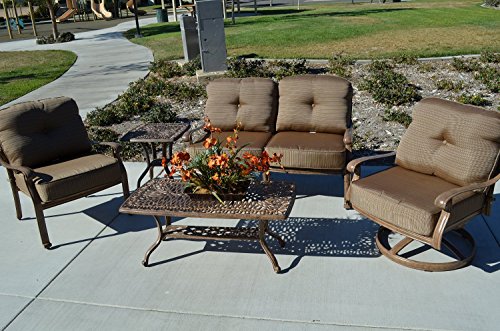 Elizabeth Outdoor Patio 5pc Seating Group Cast Aluminum  1 Love Seat 2 Swivel Rockers Club Chairs 1 Coffee