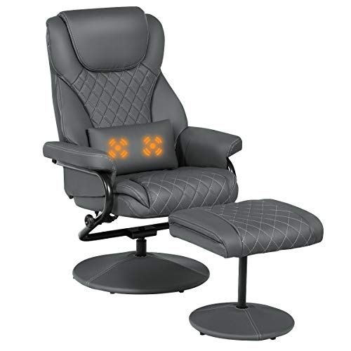 Giantex Swivel Recliner Chair wOttoman Massage Lumbar Cushion Faux Leather Lounge Armchair with Wrapped Base Padded Armrest Headrest Gaming Massage Recliner and Stool Footrest Set
